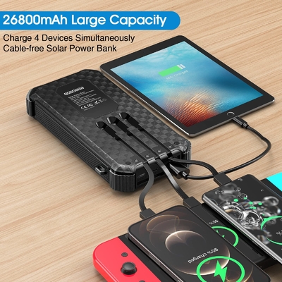Cargador energía solar portátil 26800mAh del banco del poder de la prenda impermeable IPX5 con 3 cables incorporados