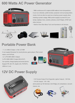 600W USB de carga rápida Generador solar de batería de litio portátil Estación de energía AC DC